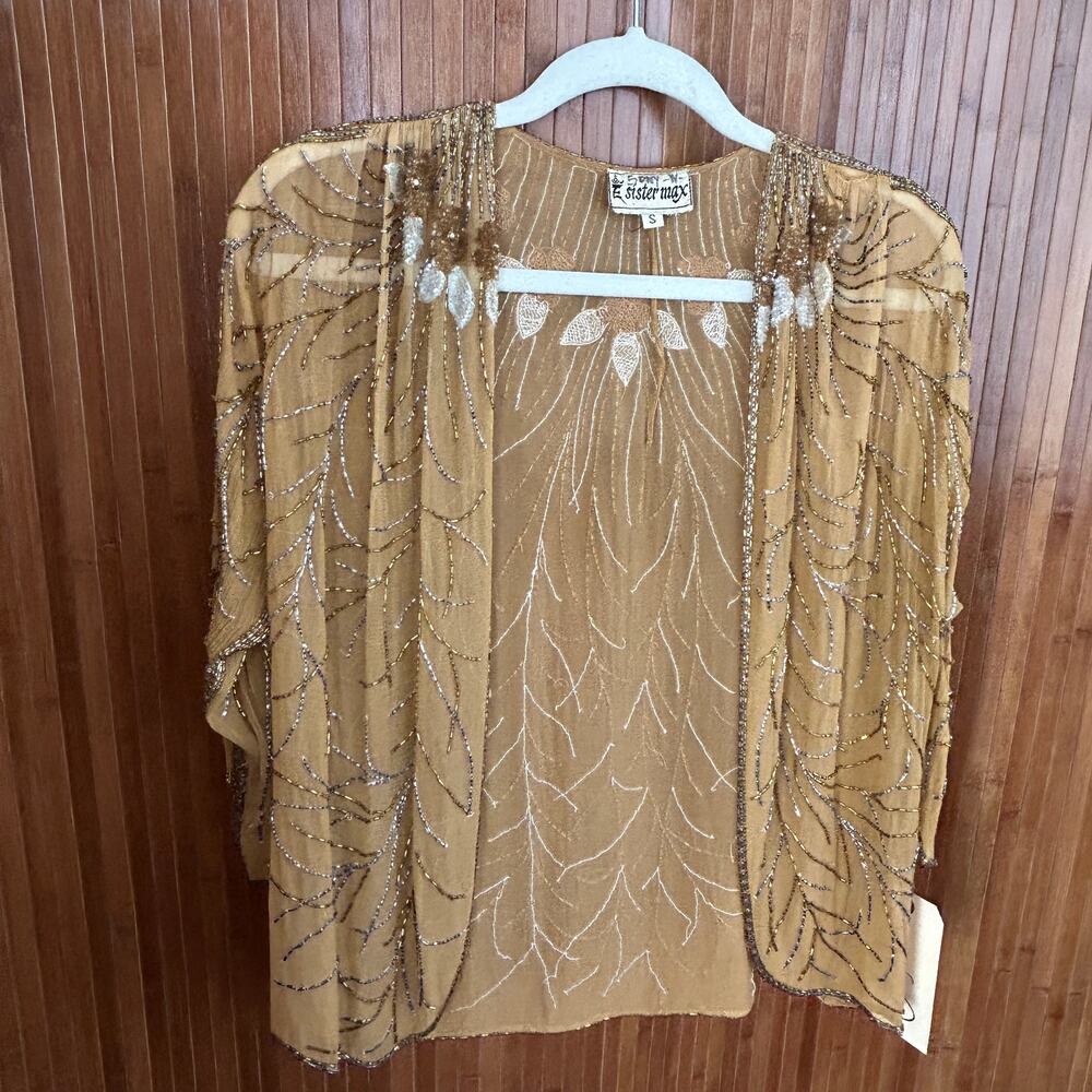 Vintage 80s Sister Max Beaded Silk Open Front Cardigan Jacket Gold